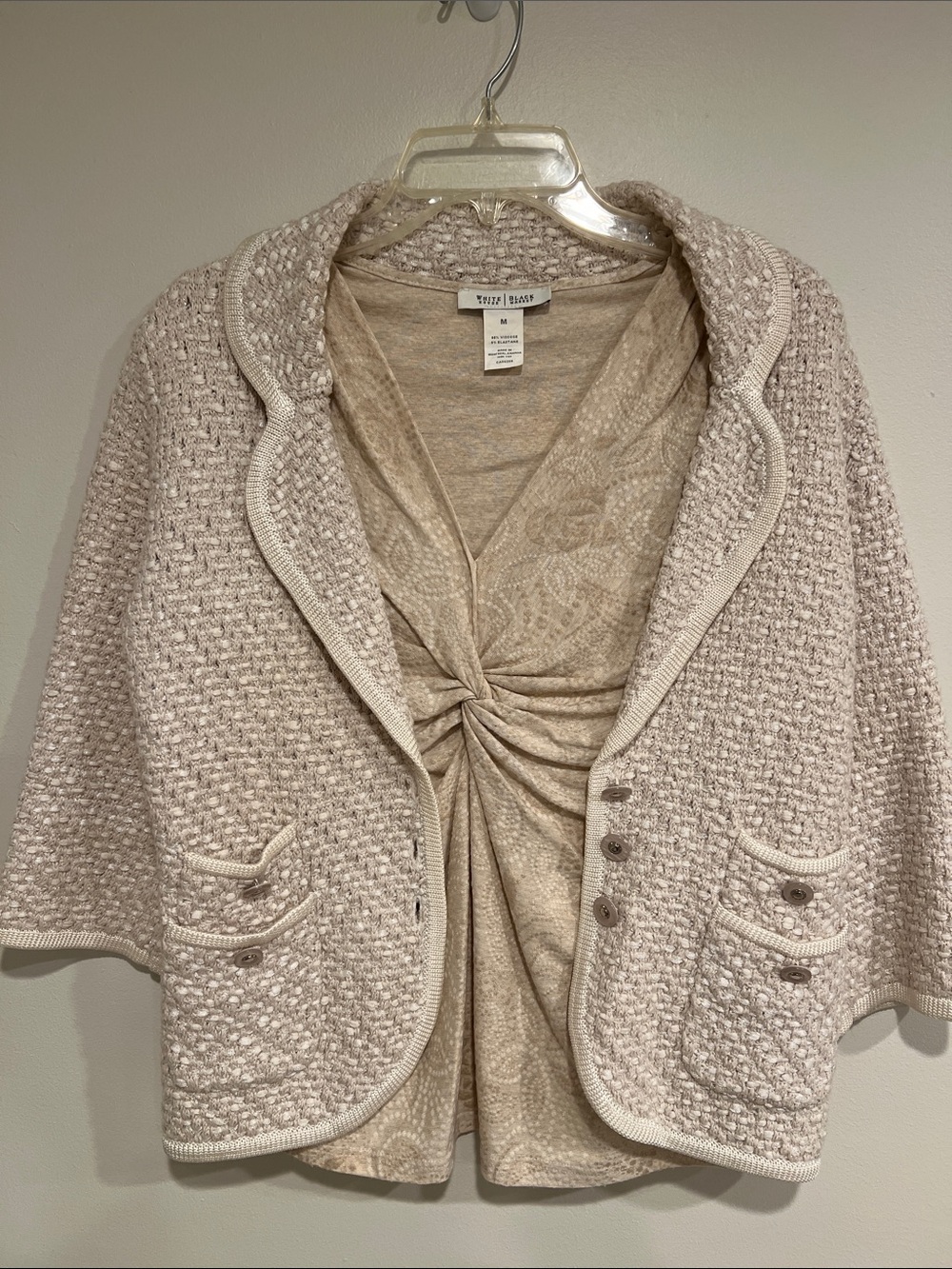White House Black Market Neutral Bouclé Knit Jacket with Twist-Front Top